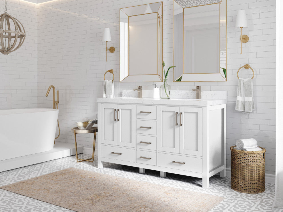 Malibu 60 Double Sink Bathroom Vanity in White  2" Calacatta Gold