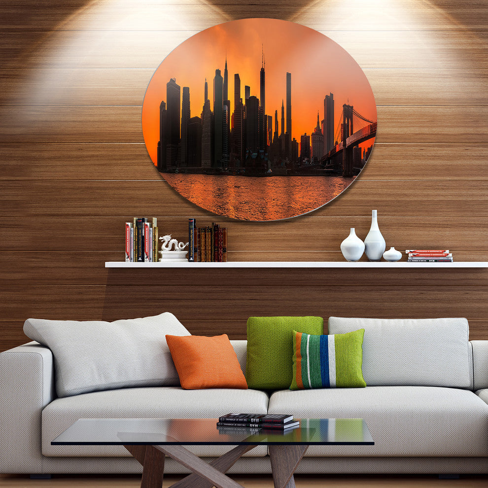 Silhouettes Of Manhattan Panorama, Cityscape Wall Round Wall Art, 11"