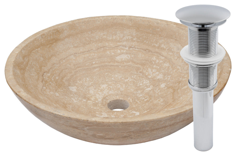 Novatto Beige Travertine Vessel Sink and Drain, Chrome
