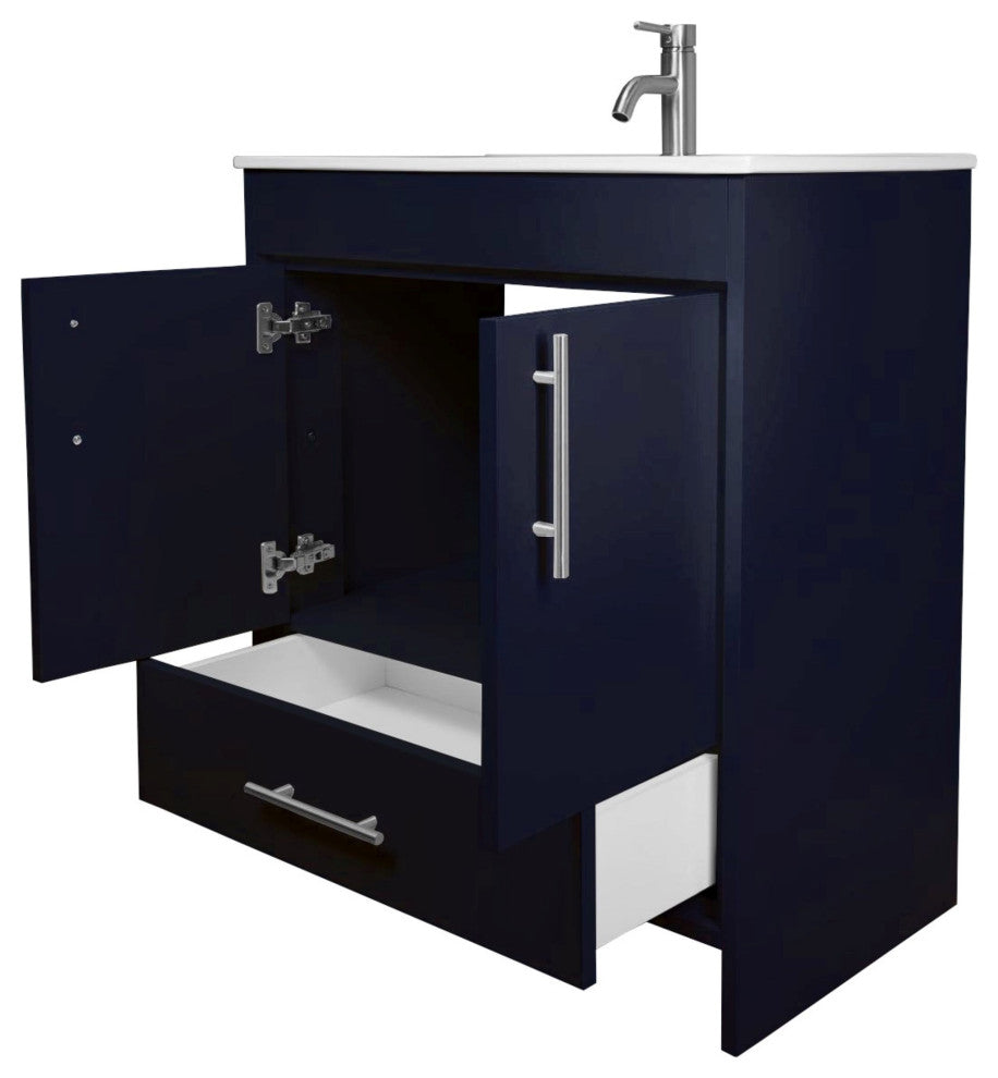 Pacific 30" Vanity With Integrated Ceramic Top and Brushed Nickel Handles, Navy