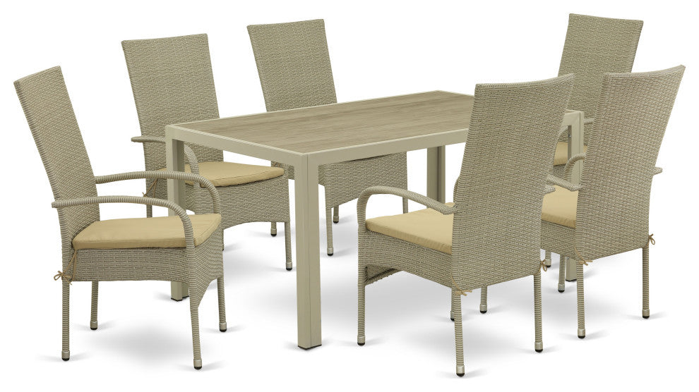 7Pc Outdoor- Natural Color Wicker Dining Set, Patio Table, 6 Armchair
