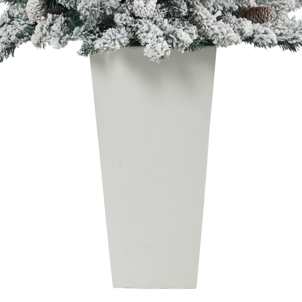 4.5' Flocked Livingston Fir Faux Xmas Tree W/Pinecones & Lights, Tall Planter