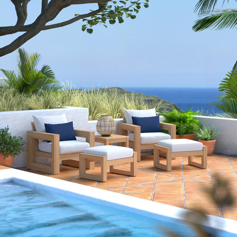 Benson 5 Piece Sunbrella Outdoor Patio Club Chair and Ottoman Set, Bliss Ink