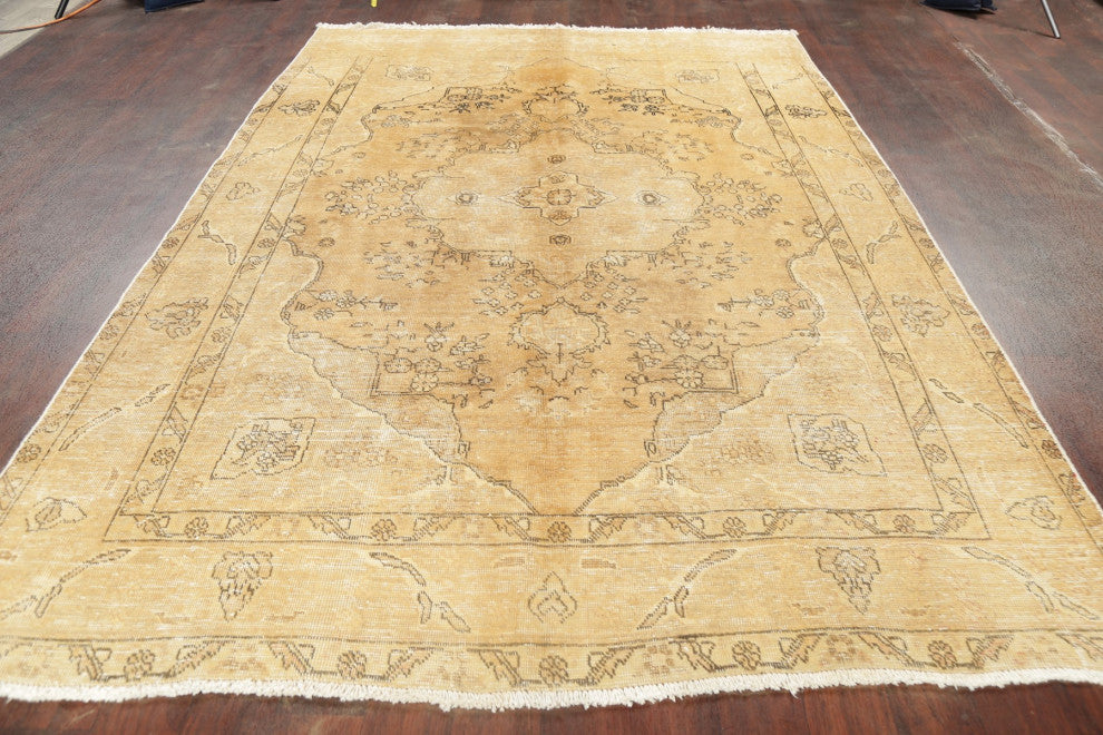 Consigned, Vintage-Style Handmade Faded Distressed Persian Area Rug, Beige, 7x10