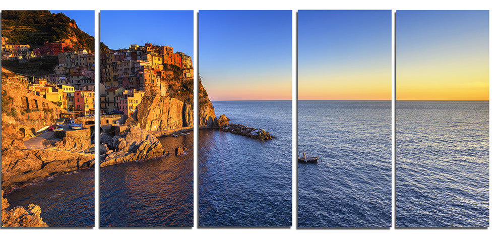 "Manarola Village Beach Panorama" Landscape Wall Art Print, 5 Panels, 60"x28"
