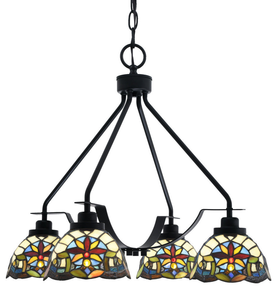 Odyssey 4 Light, Chandelier In Matte Black Finish With 7" Earth Star Art Glass