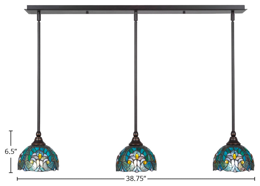 3 Light Mini Pendant In Dark Granite, 7" Turquoise Cypress Tiffany Glass