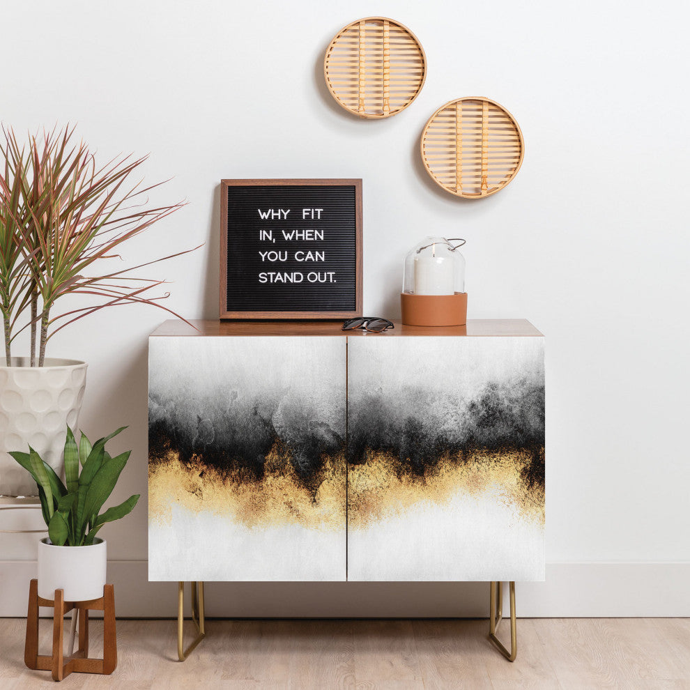 Deny Designs Black and Gold Sky Credenza, Walnut, Gold Steel Legs