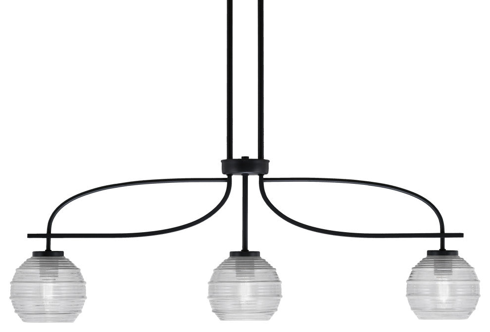 Cavella 3 Light Island Light, Matte Black Finish, 6" Clear Ribbed Glass