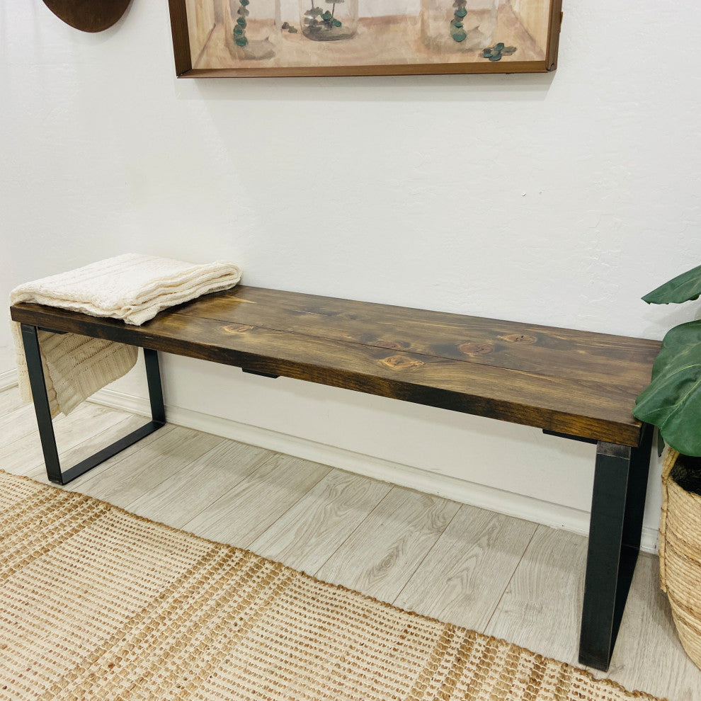 Bedroom or Entryway Bench, Heavy Duty Industrial Metal Legs, Dark Brown, Length 36", Fits Twin Bed