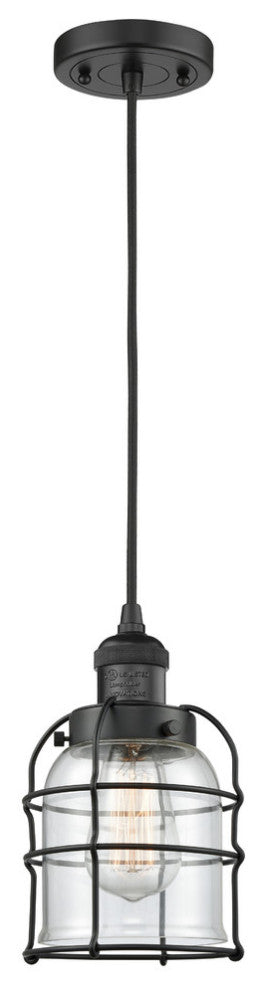 1-Light Small Bell Cage 8" Mini Pendant, Matte Black, Glass: Clear