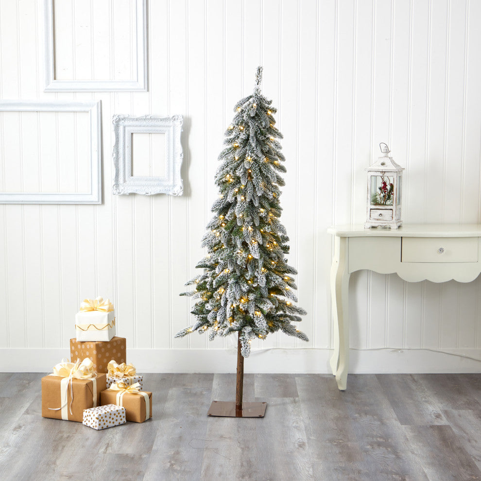 5.5' Flocked Washington Alpine Xmas Faux Tree W/White Lights & Bendable Branches