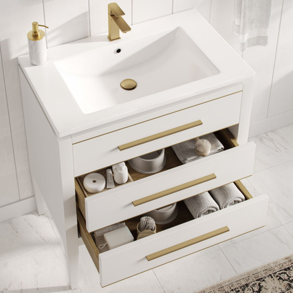 Celios Bathroom Vanity, White With Brass Trim, 30", Single Sink, Freestanding