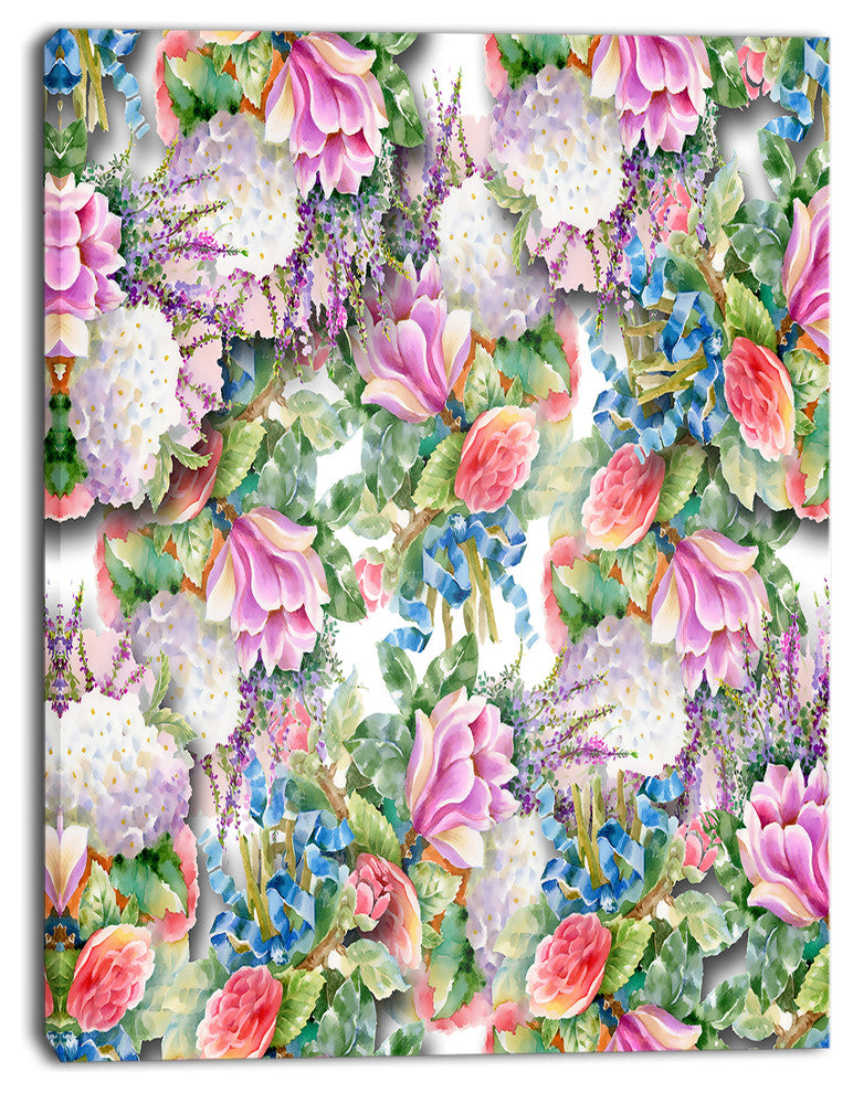 Pink Flower Pattern on White, Floral Canvas Art print, 28"x60"