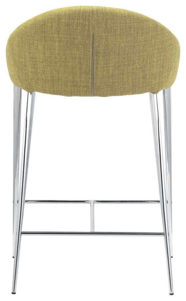 Counter Stool Chair, Set of 2, Steel Metal, Fabric, Pea Green, Chrome