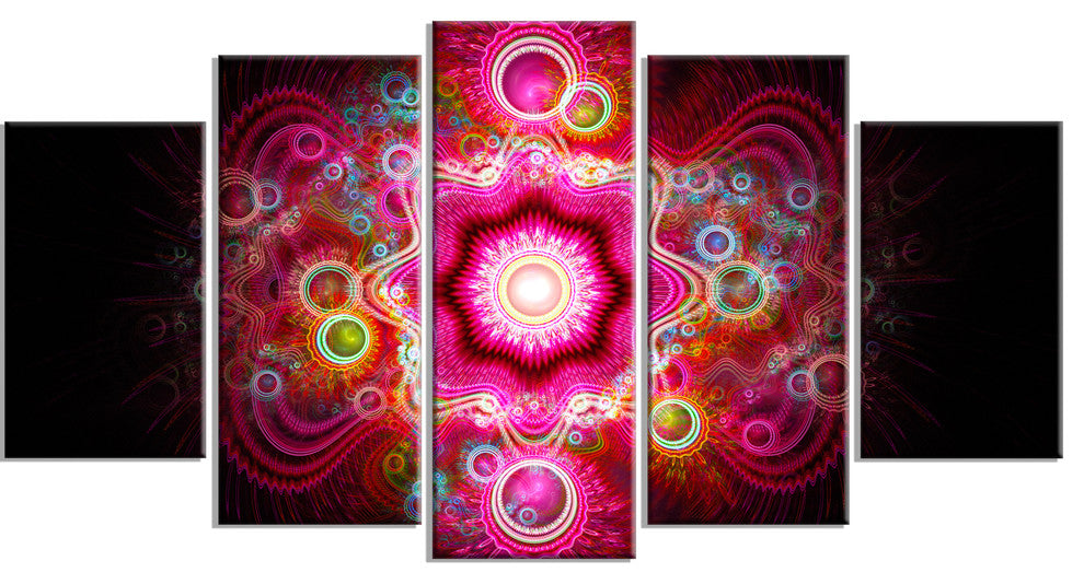 Bright Pink Fractal Flower, Contemporary Wall Art Canvas, 60"x32", 5 Panels