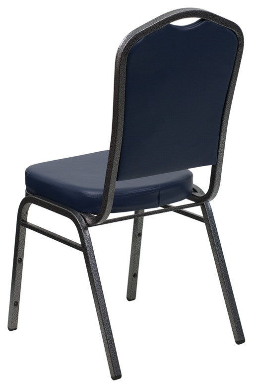 Crown Back Stacking Banquet Chair in Navy Vinyl - Silver Vein Frame