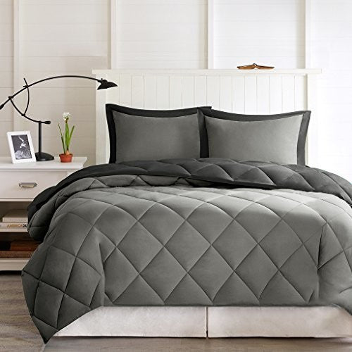 Madison Park Microfiber Solid Comforter Mini Set, Black/Gray, Full/Queen