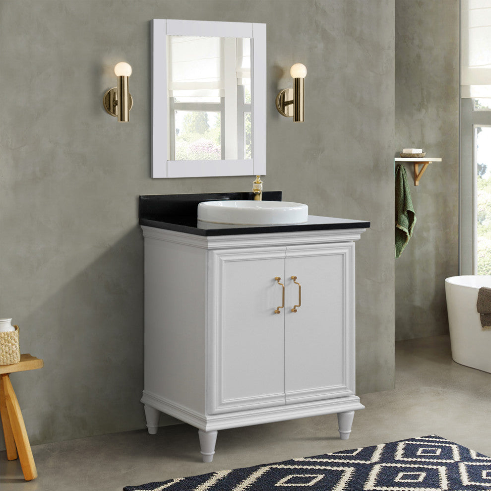 31" Single Vanity, White Finish With Black Galaxy And Round Sink
