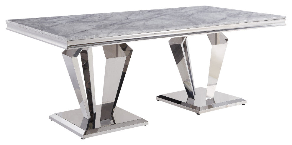 Satinka Dining Table, Light Gray Printed Faux Marble and Mirrored Silver Finish