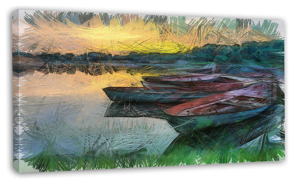 Fishing Boats by River Watercolor, Landscape Canvas Wall Art, 32"x16"
