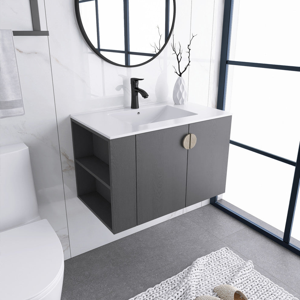 30 Inches Plywood Wall-Mounted Bath Vanity Set, Integrated Ceramic Sink, Black