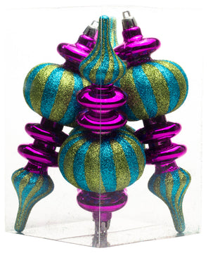 4-Pack Aqua, Lime Green And Purple Finial Ornament Set
