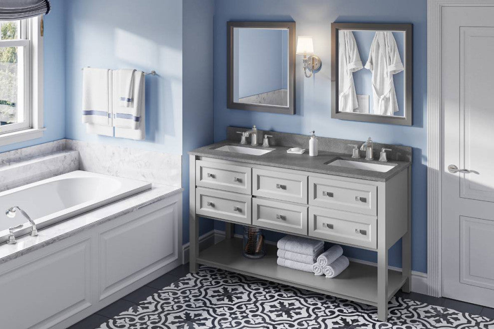 Adler Transitional 60" Grey Double Sink Vanity, Steel Grey Cultured Marble Vanit
