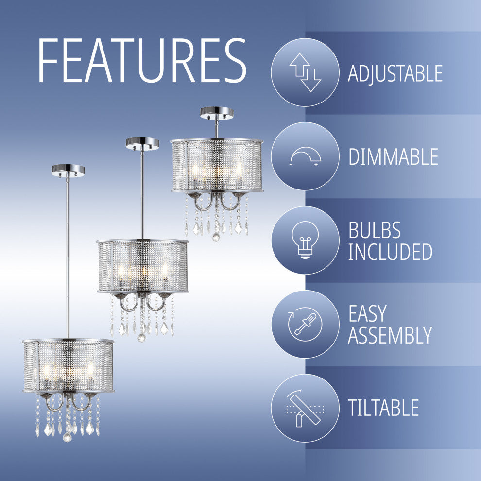 Avah Metal and Crystal Adjustable LED Drop Pendant, Chrome, 13