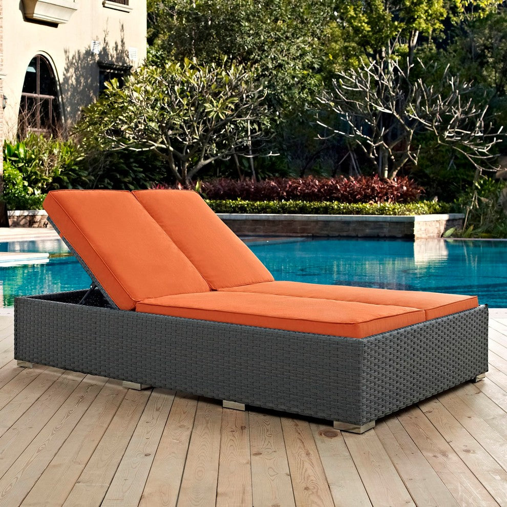 Modern Contemporary Urban Outdoor Patio Chaise Lounge Chair, Orange, Rattan