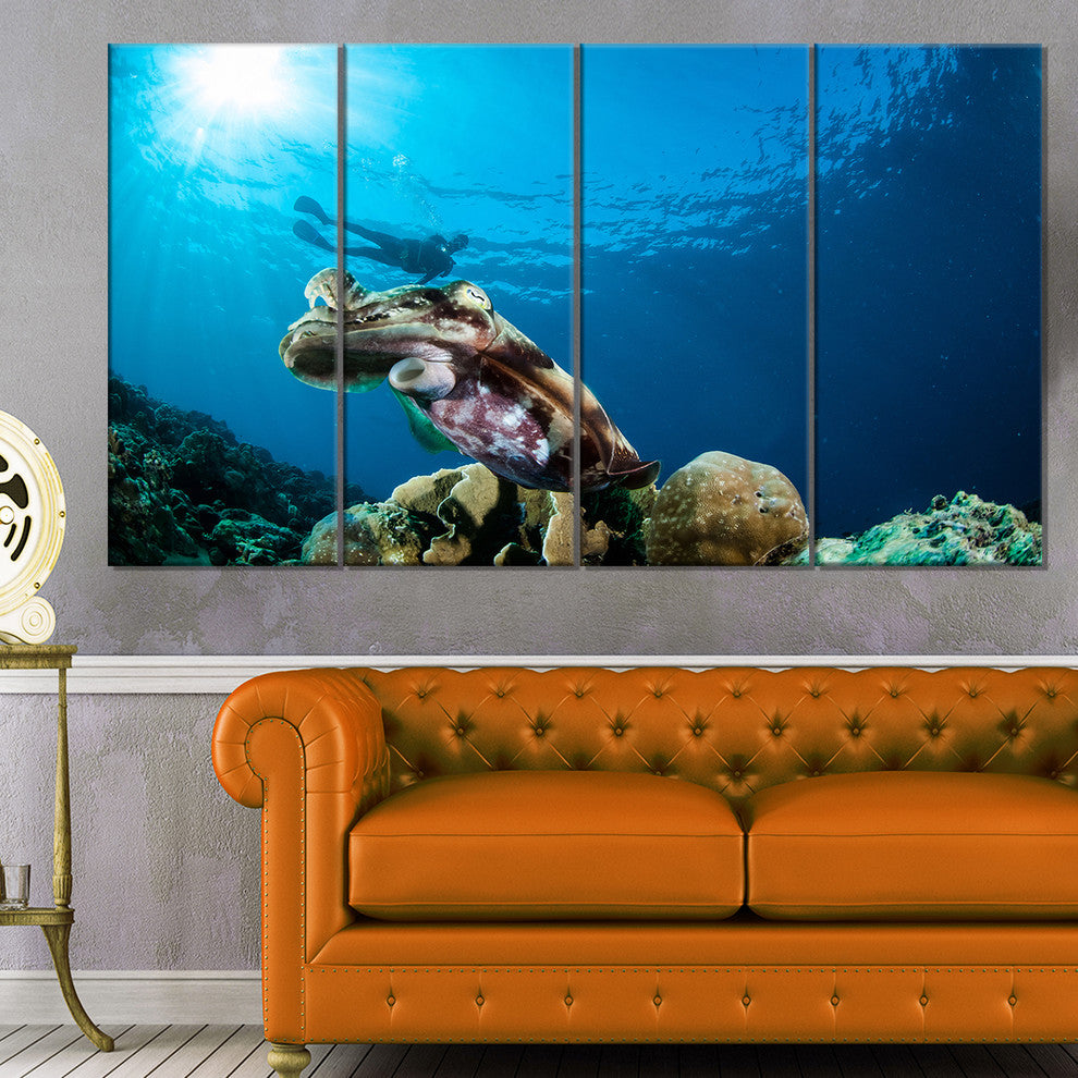 Broadclub Cuttlefish Underwater, Large Seashore Canvas Print, 48"x28", 4 Panels