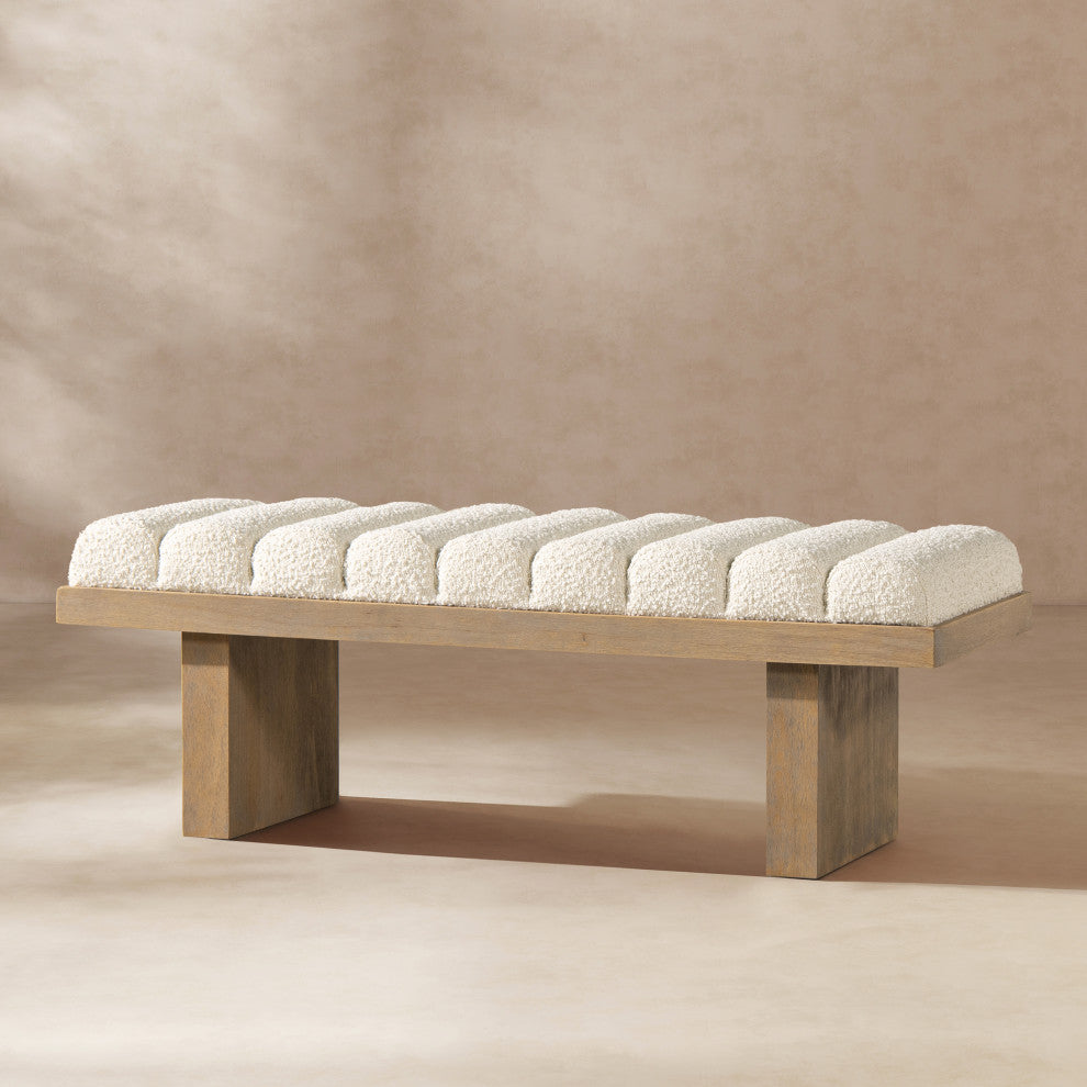 Bella 52" Vertical Tufted Modern Accent Bench, Ivory White Boucle