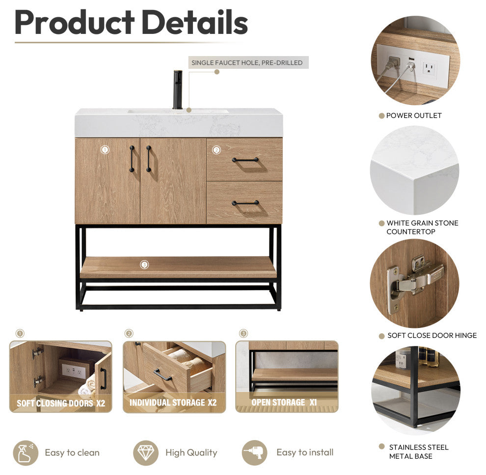 Alistair Vanity, North American Oak, Matte Black Hardware, 36", With Mirror