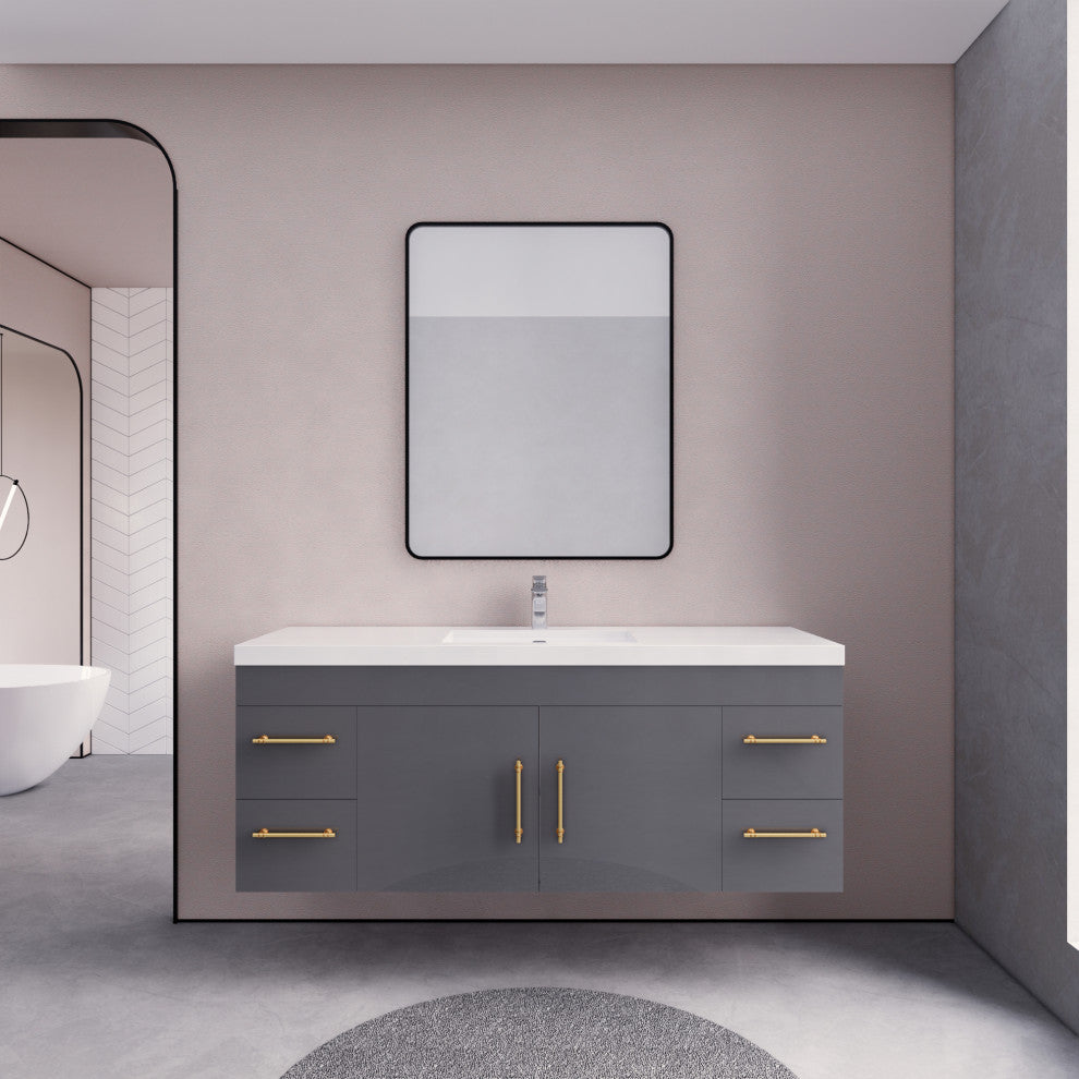 Rosa 60" Wall Mounted Modern Vanity, High Gloss Gray, Glossy White Top