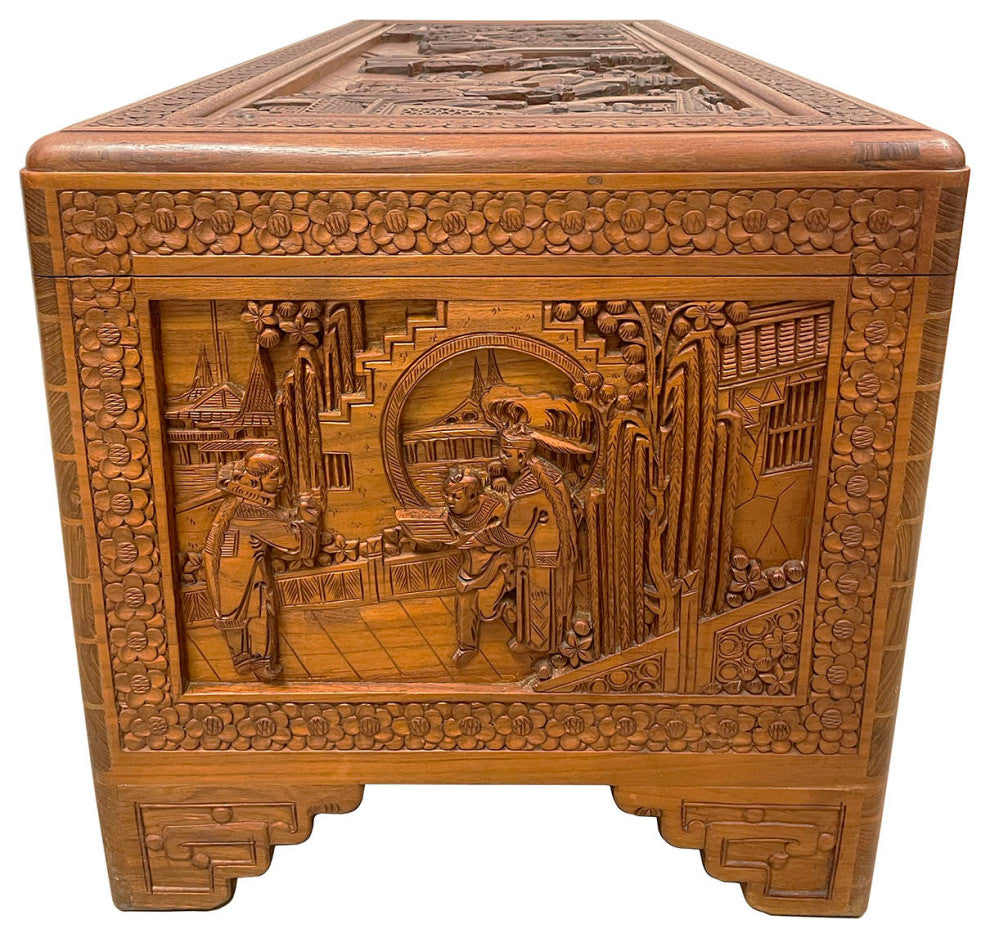 Consigned Early 20th Century Chinese Carved Camphor Wooden Trunk, Hope Chest