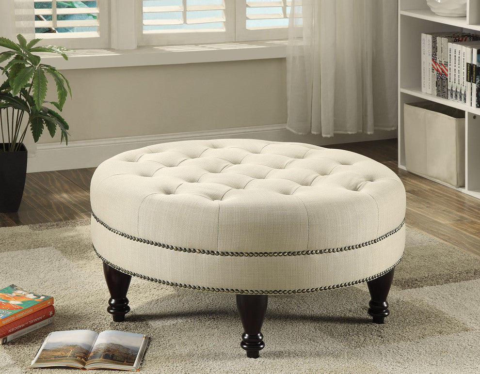 Traditional Round Linen-Like Fabric Cocktail Ottoman