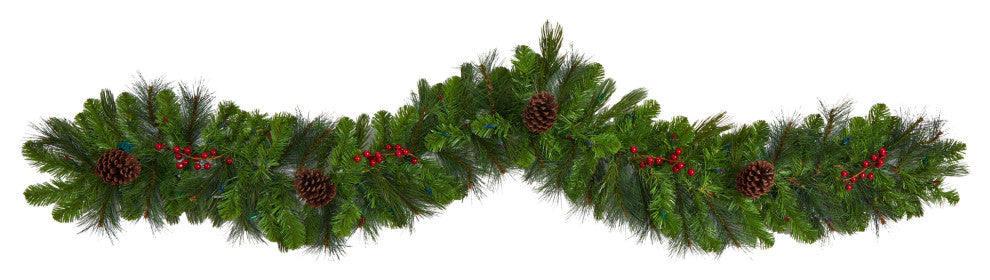 6' Colorado Fir Faux Xmas Garland W/Multicolored LED Lights, Berries & Pinecones