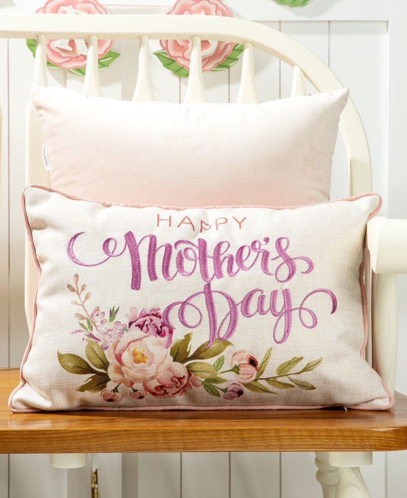 18" Faux Burlap Happy Mother's Day Floral Pillow