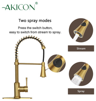 Copper Pre-Rinse Spring Pull Down Kitchen Faucet With Deck Plate Brushed Gold