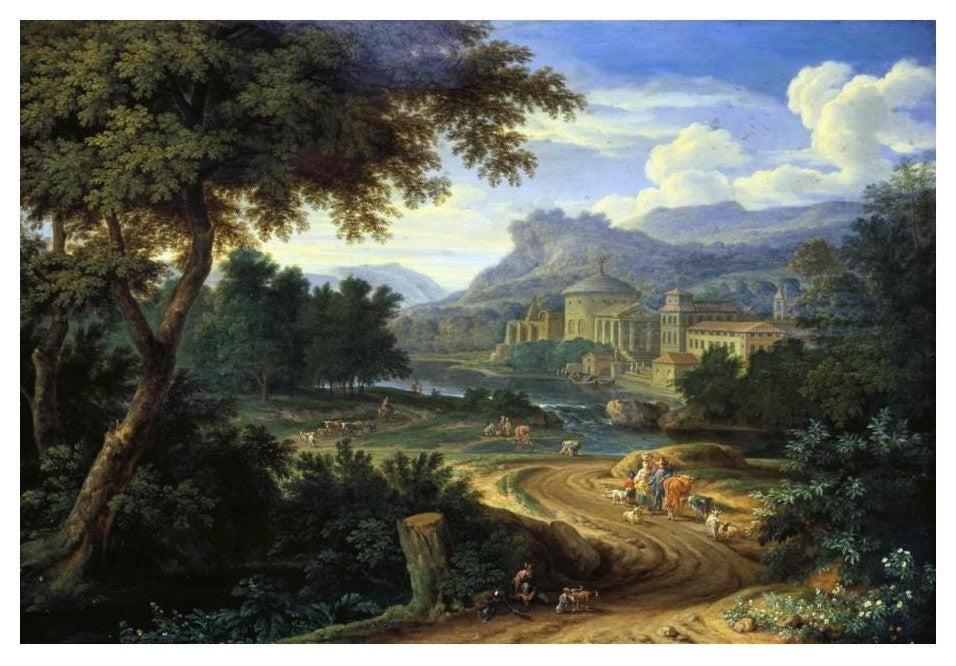 "Italian River Landscape with Herdsman and Cattle" Print by Boudewyns, 24"x17"