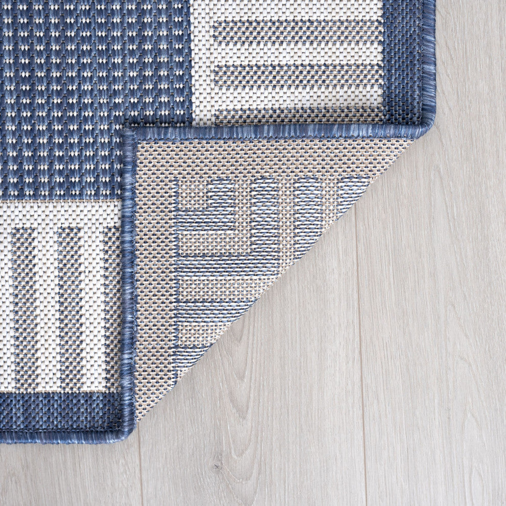 Dania Transitional Solid Border Navy Indoor/Outdoor Runner Rug, 2.7'x10'