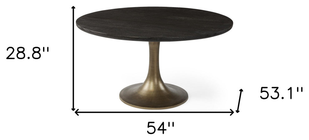 54" Black And Brass Rounded Solid Wood And Metal Pedestal Base Dining Table