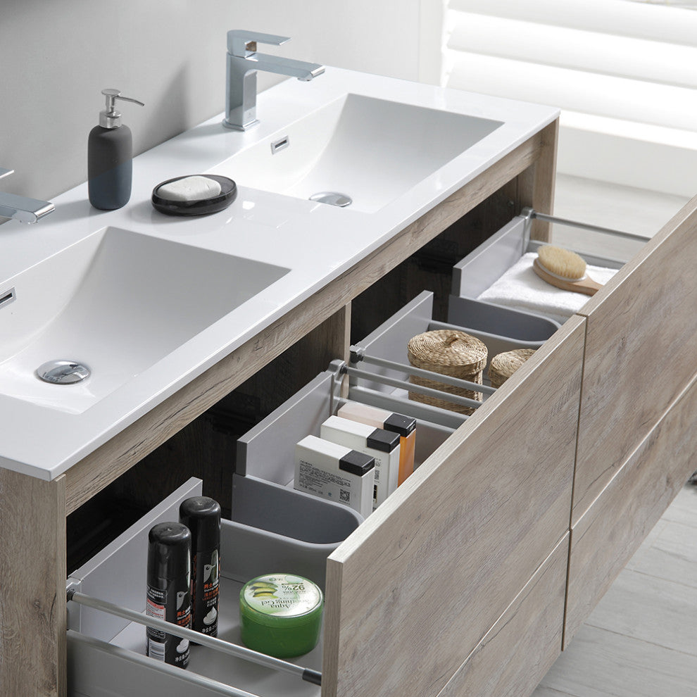 Fresca Catania 60" Natural Wood Wall Hung Double Sink Vanity, Medicine Cabinet