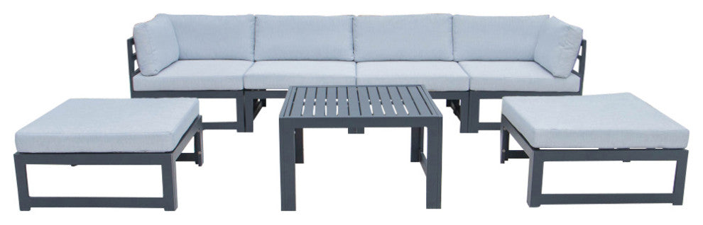 LeisureMod Chelsea 7-Piece Patio Ottoman Sectional With Coffee Table, Light Gray