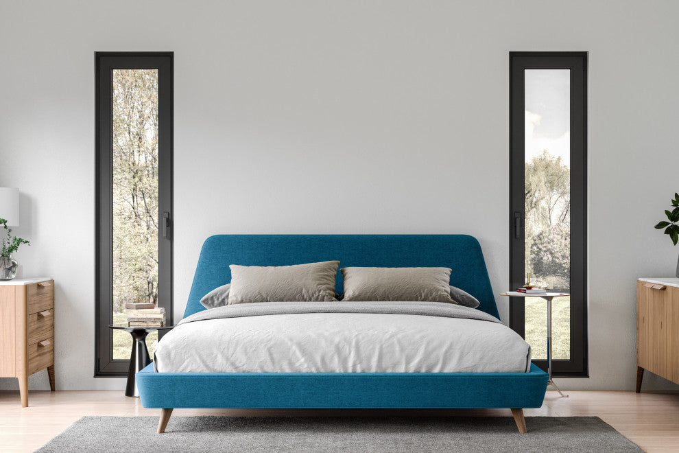 Henry Mid-Century Modern Upholstered Platform Bed, Blue, King