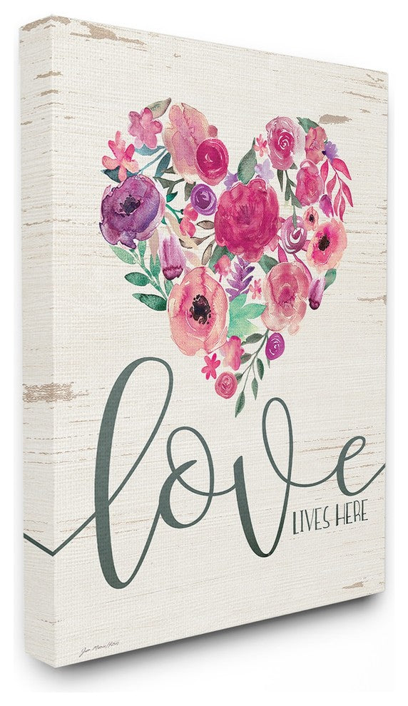 Love Lives Here Flowers Heart White Wood XXL Stretched Canvas Wall Art, 30"x40"