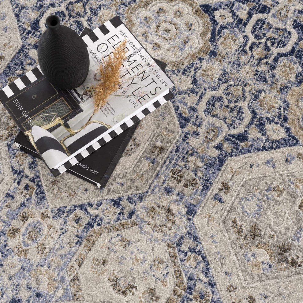 Hauteloom Parkerfield Blue Area Rug, Beige/Denim/Gray, 7'10"x10'2"