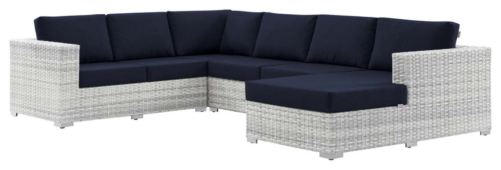 Lounge Sectional Sofa Chair Set, Rattan, Wicker, Gray Blue Navy, Outdoor