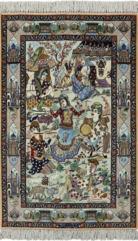 Pictorial Scene Signed Persian Isfahan Hand Knotted Wool and Silk Rug, 4x6