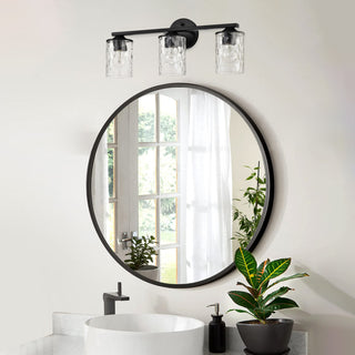 3-Light 21 in. Matte Black Vanity Light With Hammered Clear Glass Shades